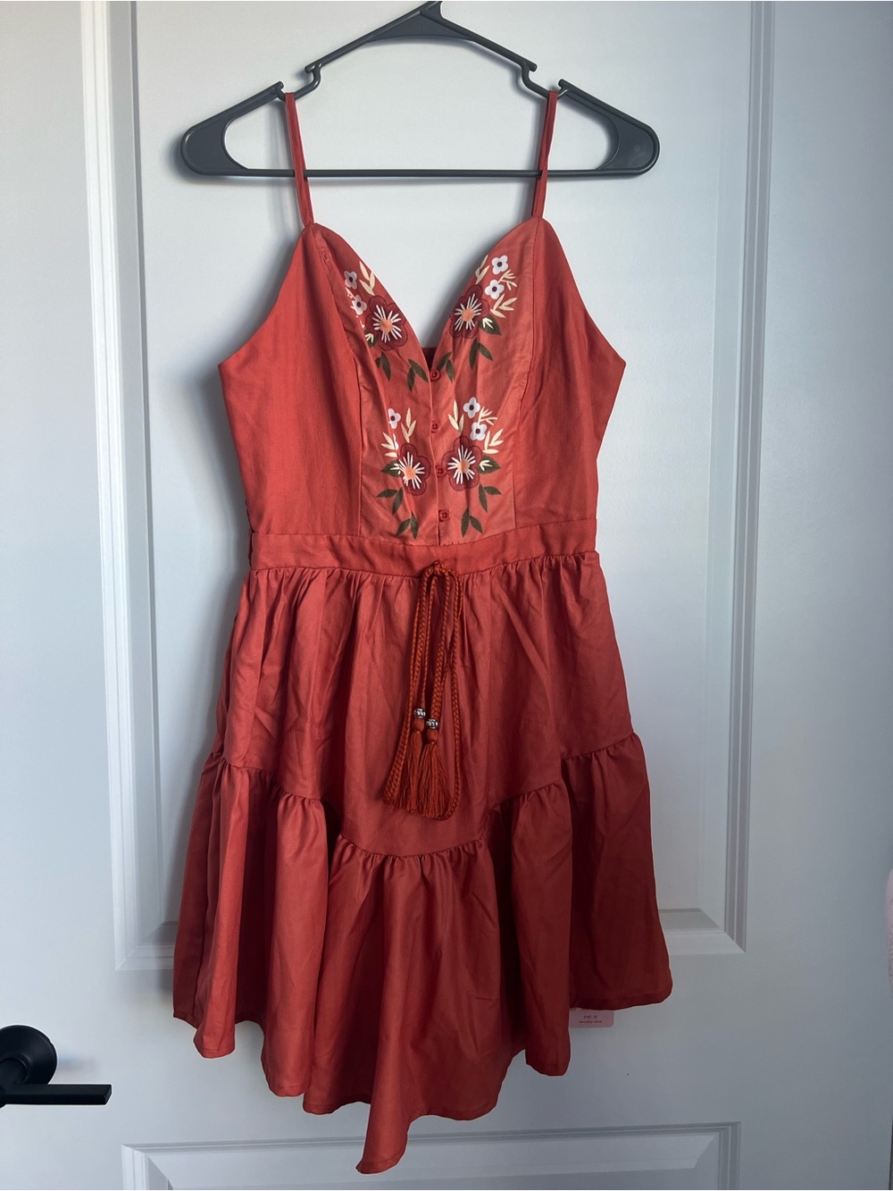 SHEIN Rust Red Floral Embroidered Spaghetti Strap Mini Dress